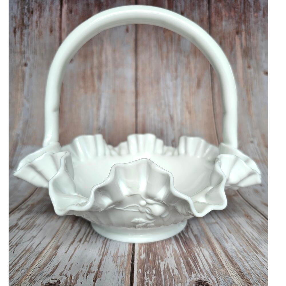 Vintage Fenton Milk Glass Rose Basket Ruffled Crimped Edge Cottagecore Decor